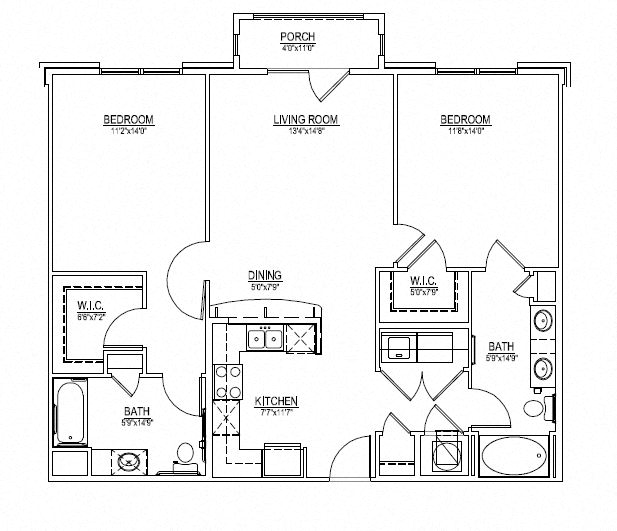 Floor plan for 2 beds, 2 baths, 1121 sqft